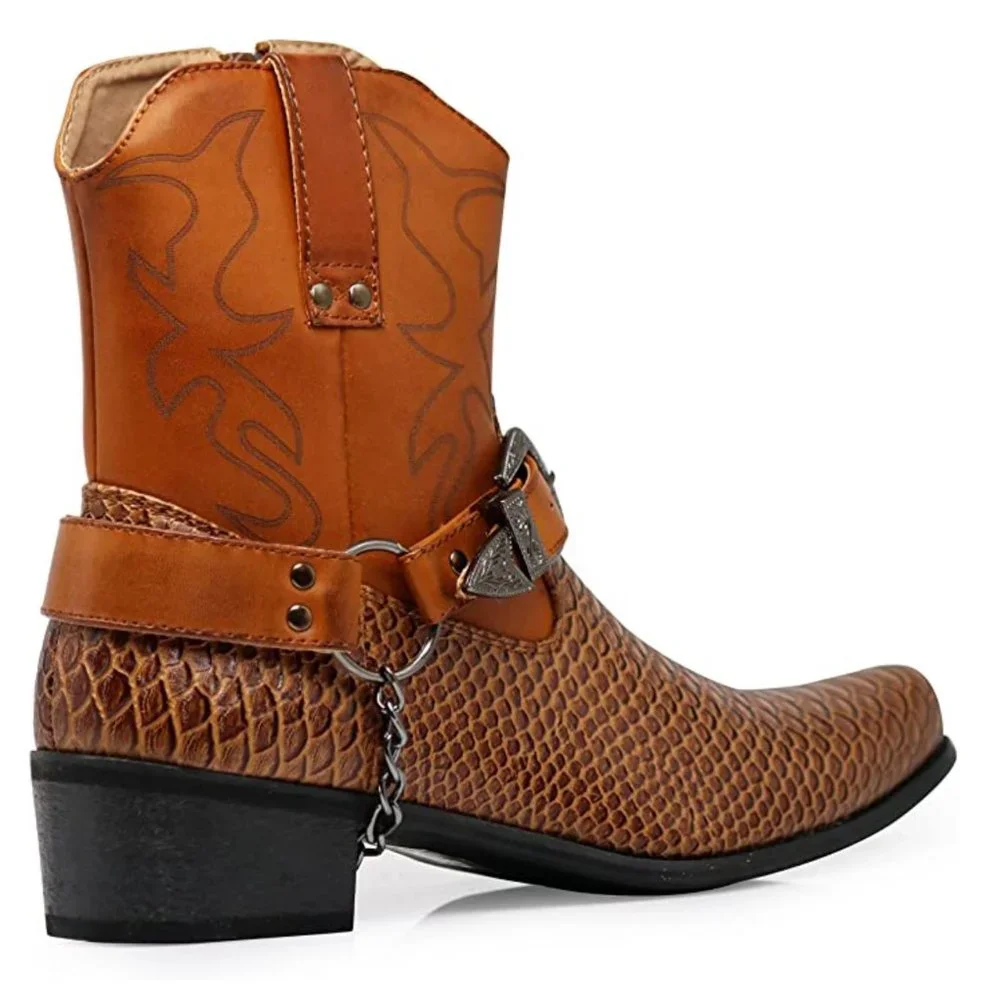 Men's Tan Western Harness Boots - Leather Exotic Texture